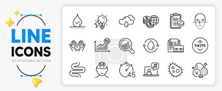 Illustration for Vanadium mineral, Medical prescription and Face recognition line icons set for app include Stress, Seo analysis, Music outline thin icon. Vacancy, 5g statistics, Bacteria pictogram icon. Vector - Royalty Free Image
