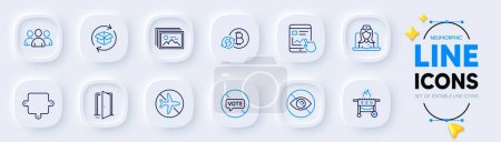 Illustration for Refresh bitcoin, Group and Puzzle line icons for web app. Pack of Flight mode, Return parcel, Stop voting pictogram icons. Internet report, Gas grill, Telemedicine signs. Open door. Vector - Royalty Free Image