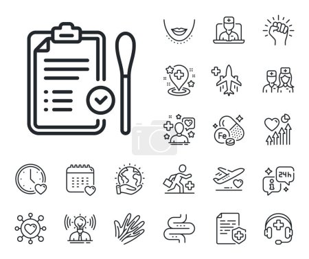 Illustration for Report with cotton swab sign. Online doctor, patient and medicine outline icons. Nasal swab test passed line icon. Coronavirus testing symbol. Nasal test line sign. Vector - Royalty Free Image