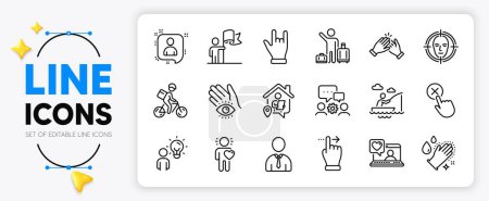 Illustration for Face detect, Human and Washing hands line icons set for app include Airport transfer, Friends chat, Developers chat outline thin icon. Engineering team, Friend, Boat fishing pictogram icon. Vector - Royalty Free Image