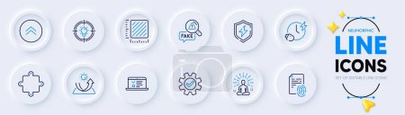 Illustration for Power safety, Swipe up and Puzzle line icons for web app. Pack of Service, Sun protection, Square meter pictogram icons. Fake news, Fingerprint, Charging time signs. Idea, Yoga, Web lectures. Vector - Royalty Free Image
