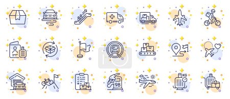 Illustration for Outline set of Route, Petrol station and Delivery report line icons for web app. Include Plane, Escalator, Ambulance emergency pictogram icons. Return parcel, Honeymoon travel. Vector - Royalty Free Image