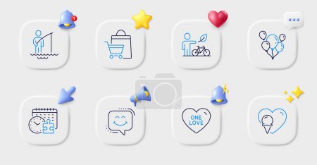 Illustration for Smile chat, Fisherman and One love line icons. Buttons with 3d bell, chat speech, cursor. Pack of Balloons, Eco bike, Ice cream icon. Sale bags, Puzzle time pictogram. For web app, printing. Vector - Royalty Free Image