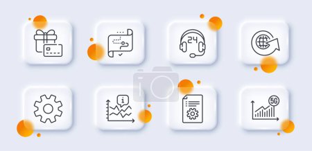 Illustration for Gift card, 5g statistics and Chart line icons pack. 3d glass buttons with blurred circles. World globe, Service, Technical documentation web icon. Target path, Consulting pictogram. Vector - Royalty Free Image