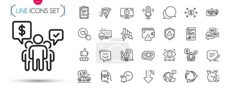 Illustration for Pack of Seo timer, Alarm clock and Outsource work line icons. Include Education idea, Recycle, Attention pictogram icons. Food delivery, Report document, Approved checklist signs. Alarm. Vector - Royalty Free Image