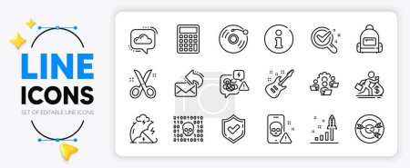 Illustration for Salary, Teamwork and Stress protection line icons set for app include Info, Scissors, Stress outline thin icon. Backpack, Confirmed, Targeting pictogram icon. Calculator, Electric guitar. Vector - Royalty Free Image