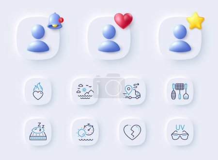 Illustration for Heart flame, Tanning time and Sunglasses line icons. Placeholder with 3d bell, star, heart. Pack of Grill tools, Delivery, Sea mountains icon. Mattress, Broken heart pictogram. Vector - Royalty Free Image