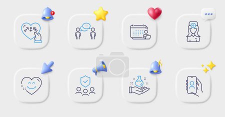 Illustration for People insurance, User call and Oculist doctor line icons. Buttons with 3d bell, chat speech, cursor. Pack of Smile chat, Consulting business, Chemistry lab icon. Genders, Accounting pictogram. Vector - Royalty Free Image