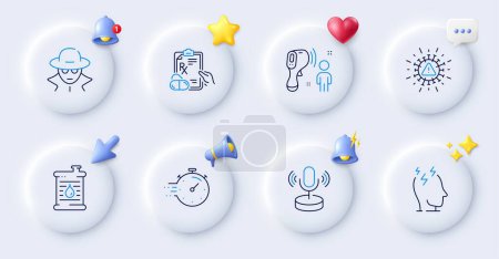Illustration for Oil barrel, Stress and Timer line icons. Buttons with 3d bell, chat speech, cursor. Pack of Fraud, Coronavirus, Prescription drugs icon. Microphone, Electronic thermometer pictogram. Vector - Royalty Free Image
