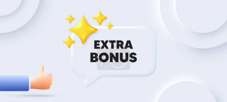Illustration for Extra bonus offer tag. Neumorphic background with chat speech bubble. Special gift promo sign. Sale promotion symbol. Extra bonus speech message. Banner with like hand. Vector - Royalty Free Image