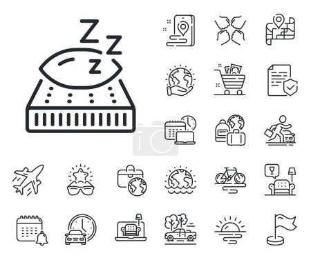 Illustration for Night sleep bed rest sign. Plane jet, travel map and baggage claim outline icons. Mattress line icon. Pillow with zzz symbol. Mattress line sign. Car rental, taxi transport icon. Vector - Royalty Free Image