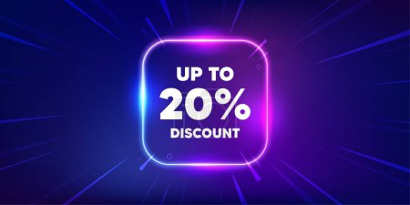Illustration for Up to 20 percent discount. Neon light frame box banner. Sale offer price sign. Special offer symbol. Save 20 percentages. Discount tag neon light frame message. Vector - Royalty Free Image