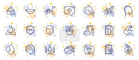 Illustration for Outline set of Lips, Medical chat and Vegetables line icons for web app. Include Mountain bike, Spf protection, Strong arm pictogram icons. Medical food, Sun protection, Eye checklist signs. Vector - Royalty Free Image