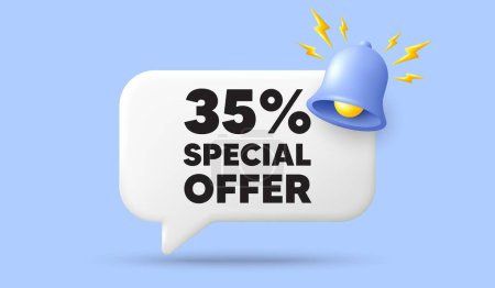 Illustration for 35 percent discount offer tag. 3d speech bubble banner with bell. Sale price promo sign. Special offer symbol. Discount chat speech message. 3d offer talk box. Vector - Royalty Free Image