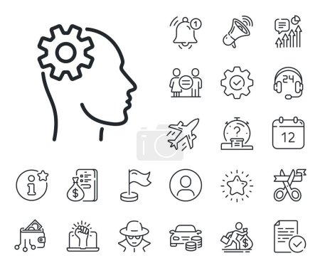 Illustration for Cogwheel tool sign. Salaryman, gender equality and alert bell outline icons. Engineering line icon. Man think symbol. Engineering line sign. Spy or profile placeholder icon. Vector - Royalty Free Image