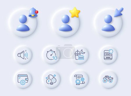 Illustration for Construction document, Fluorine mineral and Night eat line icons. Placeholder with 3d cursor, bell, star. Pack of Timer, Recovery ssd, Loud sound icon. Tractor, Wallet pictogram. Vector - Royalty Free Image
