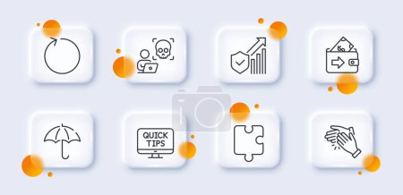 Illustration for Web tutorials, Puzzle and Wallet line icons pack. 3d glass buttons with blurred circles. Clapping hands, Umbrella, Cyber attack web icon. Security statistics, Loop pictogram. Vector - Royalty Free Image