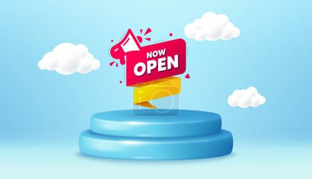 Illustration for Now open banner. Winner podium 3d base. Product offer pedestal. Announcement notice tag. Megaphone message icon. Now open promotion message. Background with 3d clouds. Vector - Royalty Free Image