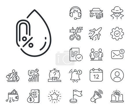 Illustration for Organic tested sign. Salaryman, gender equality and alert bell outline icons. No alcohol line icon. Water drop symbol. No alcohol line sign. Spy or profile placeholder icon. Vector - Royalty Free Image