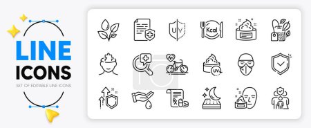 Illustration for Wash hands, Medical prescription and Improving safety line icons set for app include Uv protection, Mattress, Medical analyzes outline thin icon. Family insurance, Shield. Vector - Royalty Free Image