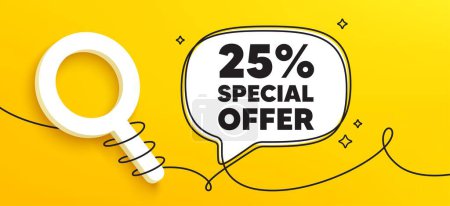 Illustration for 25 percent discount offer tag. Continuous line chat banner. Sale price promo sign. Special offer symbol. Discount speech bubble message. Wrapped 3d search icon. Vector - Royalty Free Image