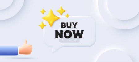 Illustration for Buy Now tag. Neumorphic background with chat speech bubble. Special offer price sign. Advertising Discounts symbol. Buy now speech message. Banner with like hand. Vector - Royalty Free Image