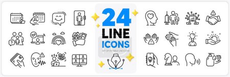 Illustration for Icons set of Video conference, Wallet and Family questions line icons pack for app with Wash hands, Elevator, Electric app thin outline icon. Medical vaccination, Clean hands. Vector - Royalty Free Image