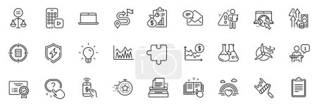 Illustration for Icons pack as Technical documentation, New mail and Journey line icons for app include Phone app, Certificate, Ethics outline thin icon web set. Light bulb, Clipboard, Paint roller pictogram. Vector - Royalty Free Image
