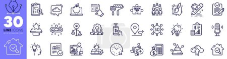 Illustration for Web3, Cloud upload and Checked calculation line icons pack. Phone payment, Add team, Laptop web icon. Group people, Rfp, Accounting report pictogram. Project edit, Inspect, Idea. Vector - Royalty Free Image