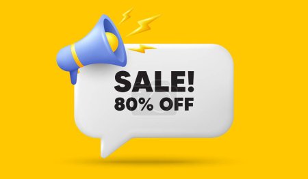 Illustration for Sale 80 percent off discount. 3d speech bubble banner with megaphone. Promotion price offer sign. Retail badge symbol. Sale chat speech message. 3d offer talk box. Vector - Royalty Free Image