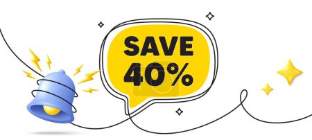 Illustration for Save 40 percent off tag. Continuous line art banner. Sale Discount offer price sign. Special offer symbol. Discount speech bubble background. Wrapped 3d bell icon. Vector - Royalty Free Image