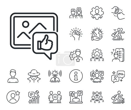 Illustration for Thumbs up sign. Specialist, doctor and job competition outline icons. Like photo line icon. Positive feedback, social media symbol. Like photo line sign. Avatar placeholder, spy headshot icon. Vector - Royalty Free Image