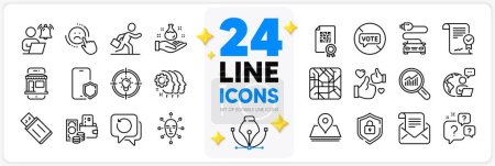 Illustration for Icons set of Change money, Metro map and Mail newsletter line icons pack for app with Phone protect, Approved agreement, Usb flash thin outline icon. Stop voting, Face biometrics. Vector - Royalty Free Image