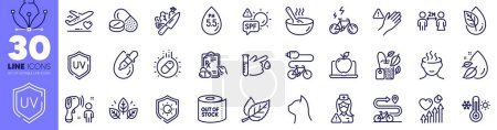 Illustration for Pets care, Uv protection and Organic tested line icons pack. Stress, Laptop, Prescription drugs web icon. Mint bag, Blood donation, Toilet paper pictogram. Spf protection, E-bike. Vector - Royalty Free Image