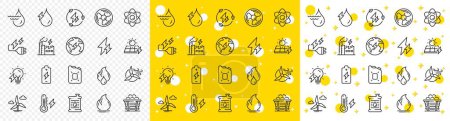 Illustration for Coal Trolley, Solar Panels, Hydroelectric Power icons. Energy types line icons. Sustainable Electricity, Battery Energy, Fuel canister. Windmill power, Coal mine and Hydroelectricity. Vector - Royalty Free Image