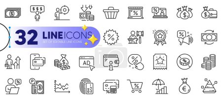 Illustration for Outline set of Money, Phone pay and Inflation line icons for web with Money bag, Loyalty ticket, Check investment thin icon. Coins, Wallet, Card pictogram icon. Pyramid chart. Vector - Royalty Free Image