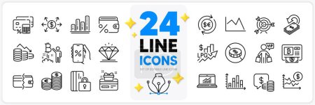 Icons set of Online statistics, Bitcoin atm and Dollar exchange line icons pack for app with Dollar rate, No cash, Money currency thin outline icon. Discounts app, Rise price. Vector
