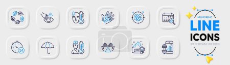 Illustration for Dont touch, Quarantine and Thermometer line icons for web app. Pack of Stress, Fitness app, Clean hands pictogram icons. Cream, Medical calendar, Veins signs. Umbrella, Organic tested, Fever. Vector - Royalty Free Image