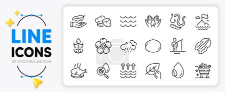 Illustration for Evaporation, Safe water and Leaf dew line icons set for app include Lightweight, Fish dish, Waves outline thin icon. Vegetables cart, Natural linen, Water analysis pictogram icon. Vector - Royalty Free Image