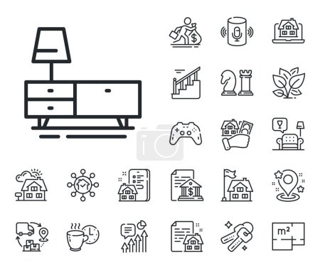 Illustration for Home furniture sign. Floor plan, stairs and lounge room outline icons. Dresser line icon. Modern commode symbol. Dresser line sign. House mortgage, sell building icon. Real estate. Vector - Royalty Free Image