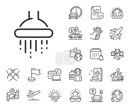 Illustration for Bathroom sign. Plane jet, travel map and baggage claim outline icons. Shower line icon. Hotel service symbol. Shower line sign. Car rental, taxi transport icon. Place location. Airport lounge. Vector - Royalty Free Image