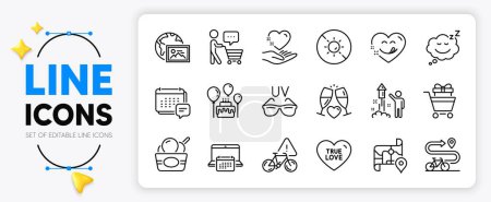 Illustration for Ice cream, Yummy smile and Map line icons set for app include Sunglasses, Wedding glasses, Shopping trolley outline thin icon. Message, Bike path, Buyer think pictogram icon. Cake. Vector - Royalty Free Image