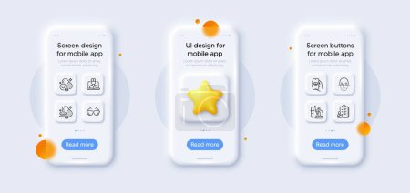 Illustration for Overeating pills, Microscope and Telemedicine line icons pack. 3d phone mockups with star. Glass smartphone screen. Health app, Face recognition, Checklist web icon. Vector - Royalty Free Image