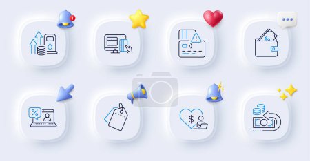 Illustration for Cash back, Wallet and Fuel price line icons. Buttons with 3d bell, chat speech, cursor. Pack of Volunteer, Card, Sale tags icon. Online payment, Online loan pictogram. For web app, printing. Vector - Royalty Free Image