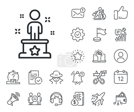 Illustration for Winner podium sign. Salaryman, gender equality and alert bell outline icons. Success line icon. First place award symbol. Success line sign. Spy or profile placeholder icon. Vector - Royalty Free Image