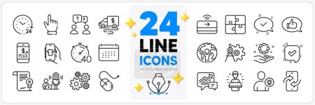 Illustration for Icons set of Reject certificate, Cash transit and Teamwork questions line icons pack for app with Employee hand, Cogwheel, Calendar thin outline icon. 24 hours, Shop app. Design with 3d stars. Vector - Royalty Free Image