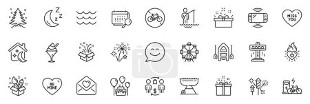 Illustration for Icons pack as Attraction, Sleep and Love letter line icons for app include Buying process, Cake, Be mine outline thin icon web set. Moon, Creativity, Ice cream pictogram. Calendar, Grill, Boat. Vector - Royalty Free Image