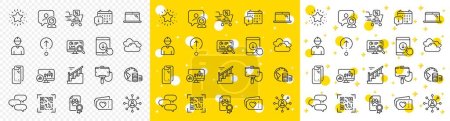Illustration for Outline Laptop, Calendar and Networking line icons pack for web with Cloudy weather, Smartphone glass, Engineer line icon. Twinkle star, Budget, Talk bubble pictogram icon. Stairs. Vector - Royalty Free Image