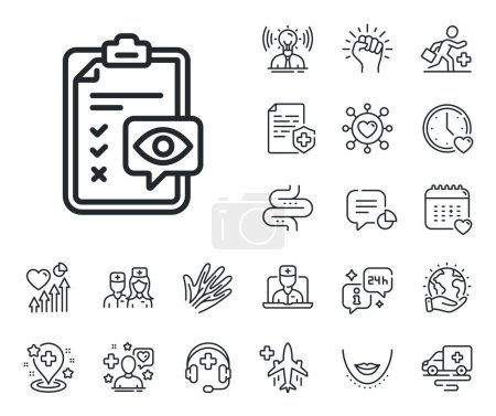 Illustration for Oculist clinic sign. Online doctor, patient and medicine outline icons. Eye checklist line icon. Optometry vision check symbol. Eye checklist line sign. Vector - Royalty Free Image