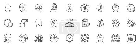 Illustration for Icons pack as Nurse, Shields and Family insurance line icons for app include Skin care, Medical vaccination, Dating outline thin icon web set. Thermometer, Oil serum, Clean skin pictogram. Vector - Royalty Free Image